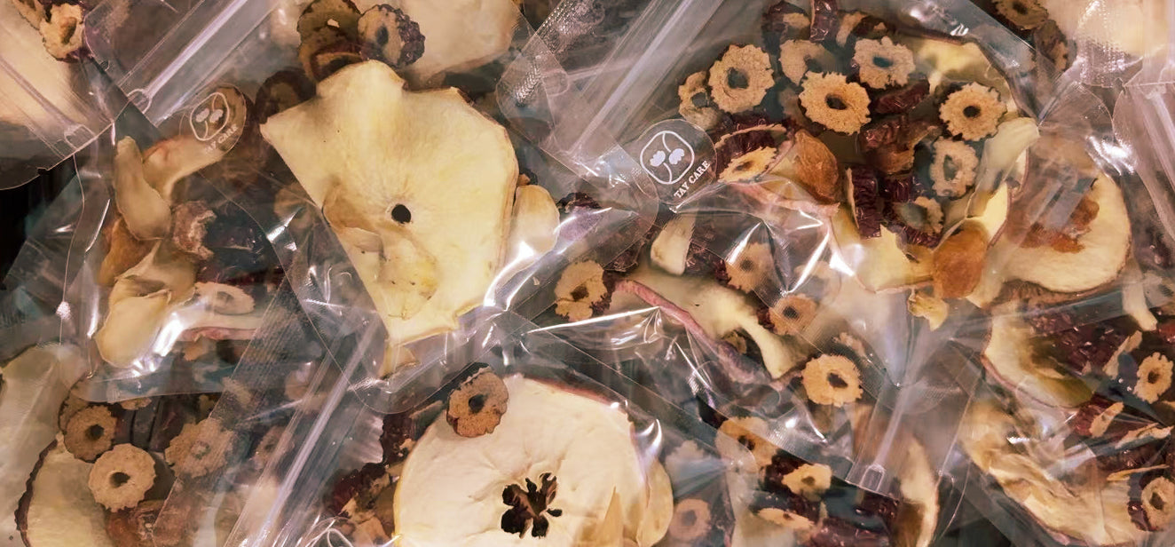 Sealed sachets of Wake — dried lemon, hibiscus and citrus peel