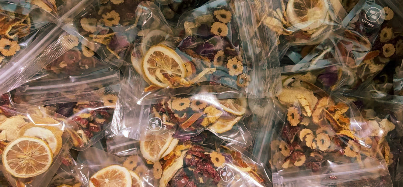 Sealed sachets of Drive — chrysanthemum buds, jujube and dried apple